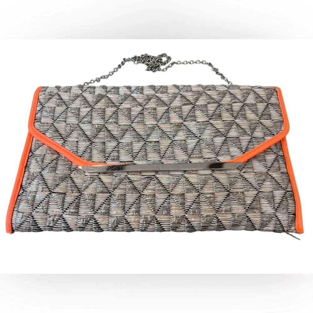 The Limited Woven Straw Clutch Crossbody Bag Orange Trim Boho Resort